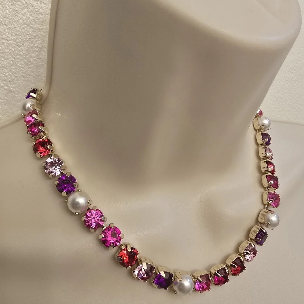 NWT J. Crew Ladies Fuchsia Pink/Purple Crystal And Pearl Statement Necklace
